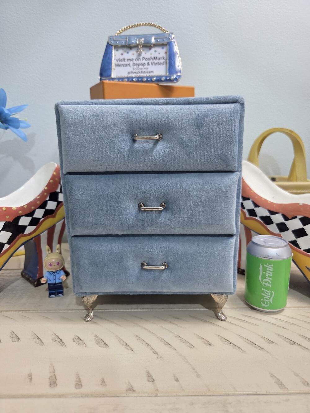 Vintage Light Blue Velvet Mini Dresser Jewelry Box Organizer 3-Drawer, EUC